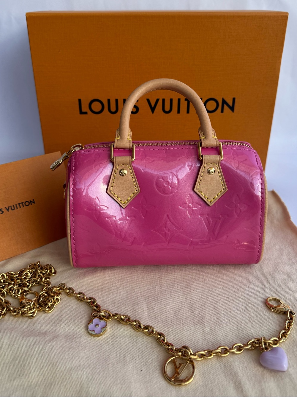 LOUIS VUITTON NANO SPEEDY – PINK MONOGRAM - LIMITED EDITION- LV CHARM CHAIN